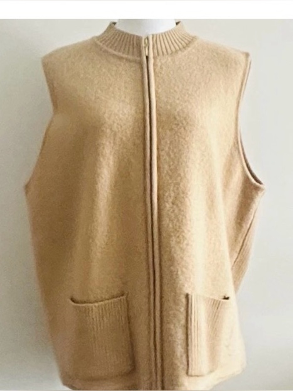 Vintage Vest 100% Australian Wool Karen Scott II 1X Camel Brown Zip Up Mock Neck - Picture 2 of 11